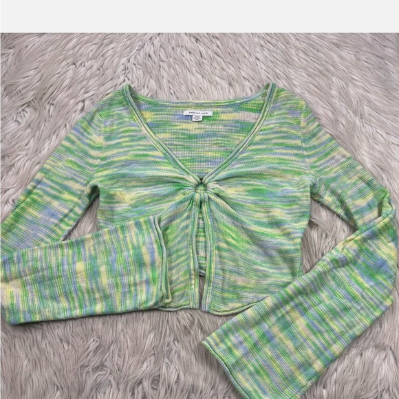 American Eagle Outfitters Tops - American Eagle Outfitters Green and White Tie Front Crop Blouse